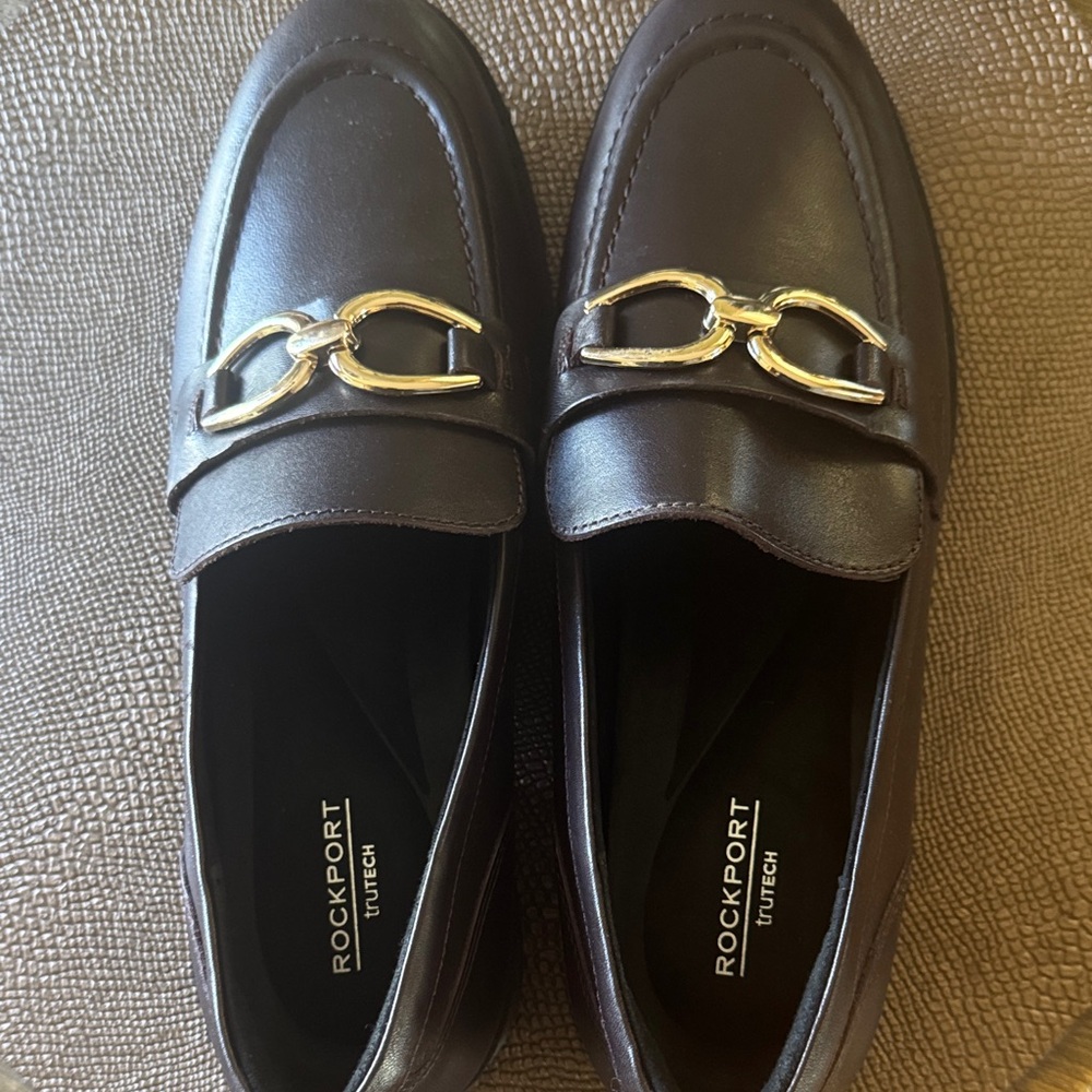 Rockport Women’s Brown Leather Bit Loafers with Gold Accent
